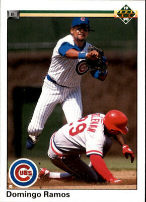 Cubs infielder tags sliding Phillies runner in 1990 Upper Deck Domingo Ramos action shot