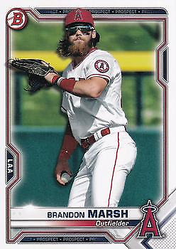 Baseball player Brandon Marsh in Los Angeles Angels uniform for Bowman Prospects