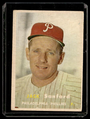 Vintage baseball card of Jack Sanford, Philadelphia Phillies player in red cap