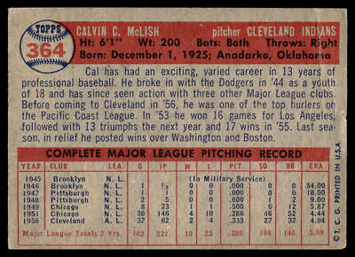 1957 Topps #364 Cal McLish trading card featuring pitching statistics and career info