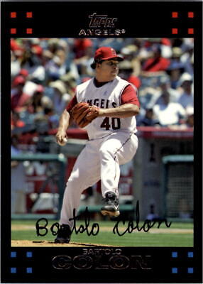 Baseball player in mid-pitching motion wearing Los Angeles Angels #40 Bartolo Colon uniform