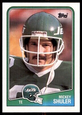 Vintage Topps football card of Mickey Shuler, New York Jets tight end, displayed centrally