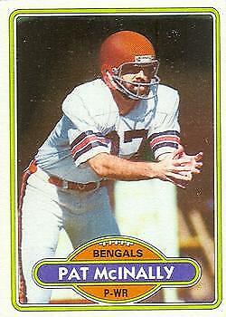 Football trading card of Pat McInally, Cincinnati Bengals player in white jersey and orange helmet