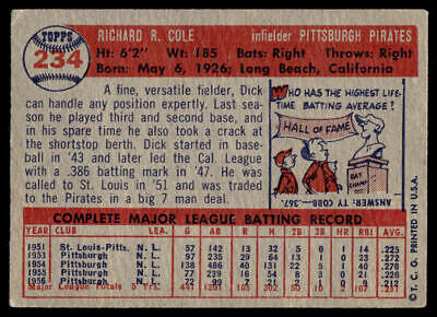 1954 Topps baseball card of Dick Cole, Pittsburgh Pirates infielder in trading cards