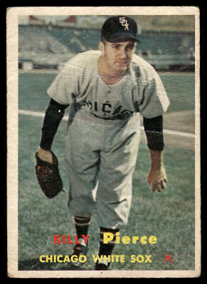 Vintage baseball card of Billy Pierce in Chicago White Sox away uniform pitching stance