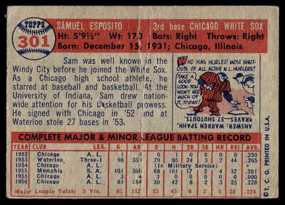 Vintage 1954 Topps Baseball Card #301 featuring Sam Esposito player stats and biography