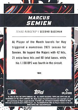 Gold minted 2022 Topps Fire #180 Baseball card of Marcus Semien, Texas Rangers statistics