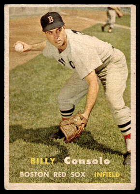 Vintage 1957 Topps Billy Consolo baseball card of a Boston Red Sox infielder in fielding position