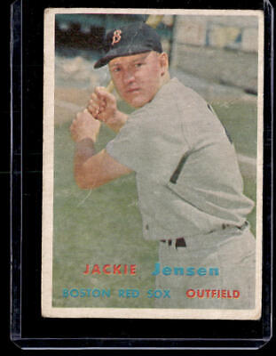 Vintage 1957 Topps baseball card of Jackie Jensen, a Boston Red Sox outfielder