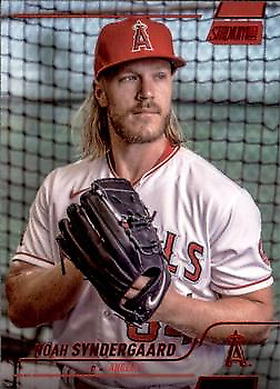 Baseball player in Angels uniform with glove for Stadium Club Red Foil Noah Syndergaard