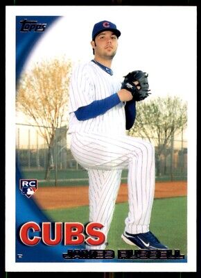 James Russell in Chicago Cubs pinstriped uniform preparing to pitch, text-align center