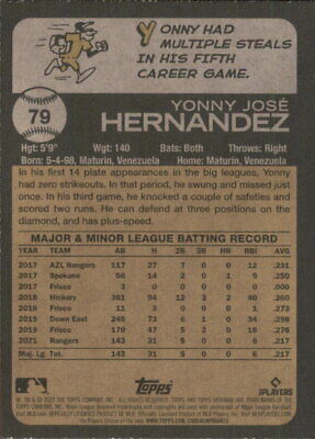 Baseball card featuring Yonny Hernandez statistics for Topps Heritage Texas Rangers