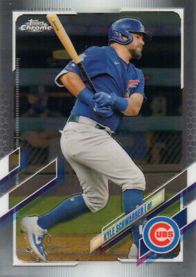 Kyle Schwarber at bat in Chicago Cubs uniform on 2021 Topps Chrome baseball card