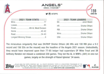 2022 Topps #159 Los Angeles Angels team card featuring 2021 statistics and leaders