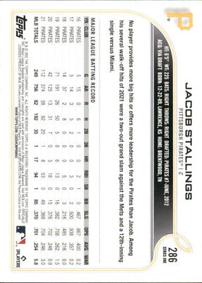 Jacob Stallings Pittsburgh Pirates MLB Baseball Card with player statistics on white background