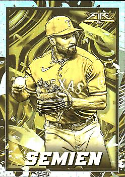 Baseball trading card featuring Marcus Semien with gold minted design for Texas Rangers