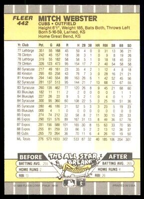 Mitch Webster baseball card with career stats from 1989 Fleer Chicago Cubs #442