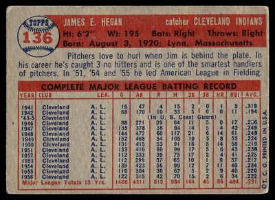 1956 Topps Baseball Card Jim Hegan with Cleveland Indians career statistics