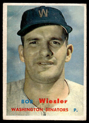 Vintage baseball card of Bob Wiesler, Washington Senators pitcher in dark W cap