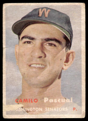 Vintage baseball card of Camilo Pascual, Washington Senators pitcher in dark cap