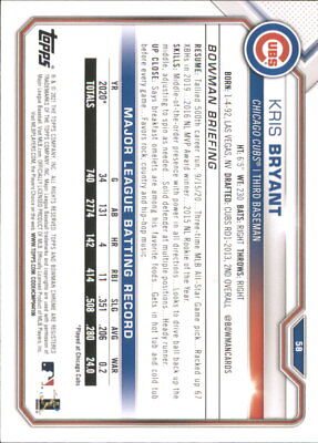 2021 Bowman #58 Kris Bryant Chicago Cubs Baseball Card with player stats and information