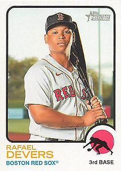 Baseball card of Rafael Devers in home white uniform for Topps Heritage Boston Red Sox