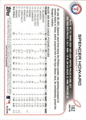 Back side of 2022 Topps #162 Spencer Howard Texas Rangers card showing statistics