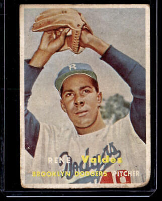 Vintage baseball card of Rene Valdes, Brooklyn Dodgers pitcher in windup pose