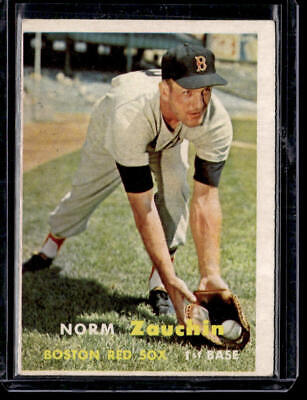 Vintage baseball card of Norm Zauchin fielding for the Boston Red Sox in 1957 Topps