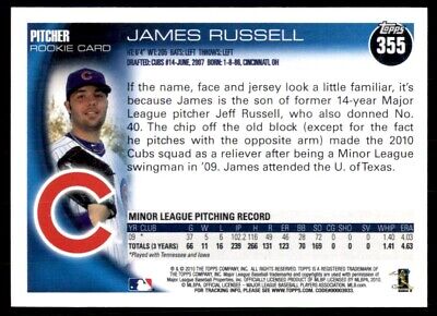 Baseball rookie card of James Russell in Chicago Cubs uniform and navy blue cap