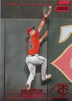 Baseball player in red jersey leaping for a catch in Stadium Club Red Foil Max Kepler