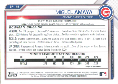 Baseball card of Miguel Amaya, Chicago Cubs catcher from Bowman Prospects series