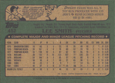 Baseball card featuring Lee Smith pitching stats for Chicago Cubs in Topps Archives style