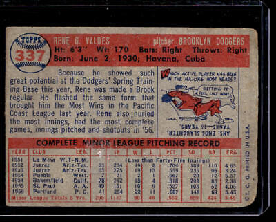 Vintage 1955 Topps baseball card featuring Rene Valdes pitching stats and biography