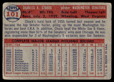 Baseball card featuring Chuck Stobbs’ pitching stats for the Washington Senators 1947-1955