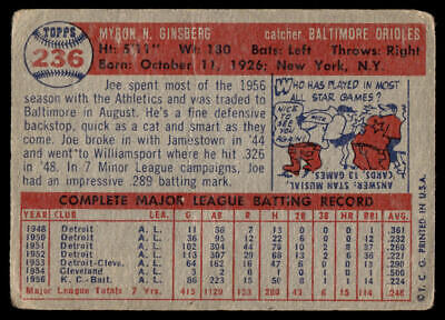 Vintage 1956 Topps baseball card of Joe Ginsberg, Baltimore Orioles catcher statistics