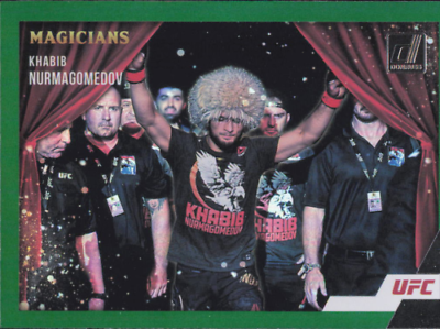 UFC trading card featuring Khabib Nurmagomedov in black attire with red curtains, Magicians Green Flood