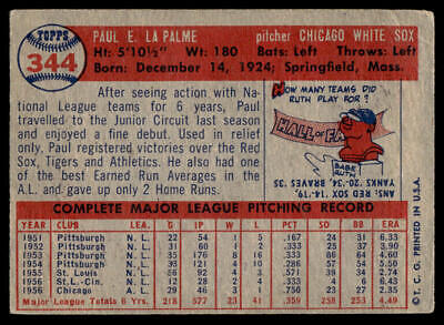 Vintage 1956 Topps Baseball Card of Paul LaPalme, Chicago White Sox Pitcher, Trading Cards