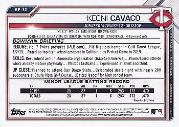 Baseball card featuring Keoni Cavaco stats, Minnesota Twins in 2021 Bowman Prospects