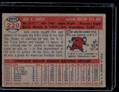 Vintage 1956 Topps baseball card #220 of Jackie Jensen for trading cards collectors