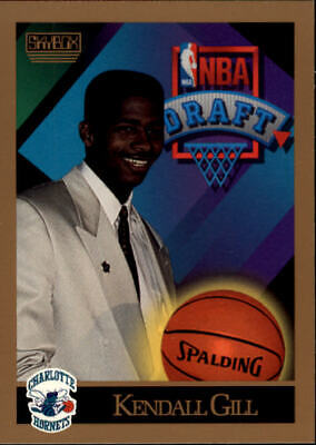 NBA trading card of Kendall Gill rookie in light-colored suit for Charlotte Hornets