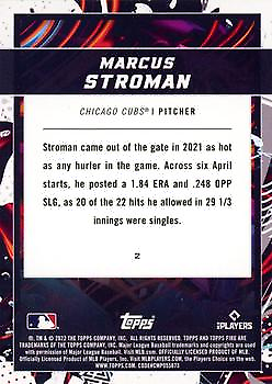 Gold minted 2022 Topps Fire #2 Marcus Stroman Chicago Cubs baseball card with stats