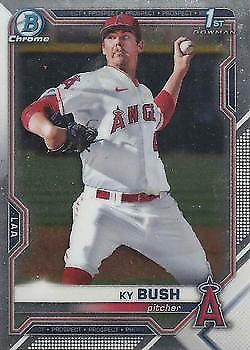 Baseball card of Ky Bush in white home uniform from Bowman Chrome Draft Los Angeles Angels