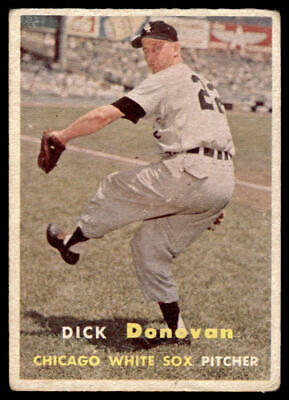 Vintage baseball card of Dick Donovan, White Sox pitcher mid-throw in gray uniform