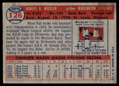 1957 Topps #126 Bob Wiesler baseball card showcasing Washington Senators pitcher stats