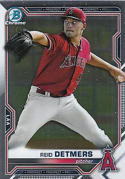 Baseball card of Reid Detmers, Angels pitcher in red uniform, Bowman Chrome Prospects