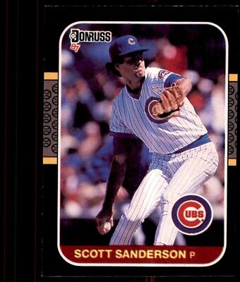 Scott Sanderson Chicago Cubs baseball card showing pitcher mid-delivery in pinstripes