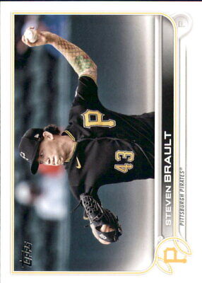 Pittsburgh Pirates player Steven Brault in black uniform pitching on MLB baseball card