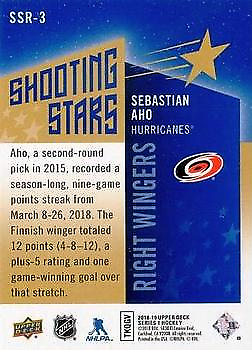 NHL trading card of Sebastian Aho featuring Upper Deck Shooting Stars design in blue gold