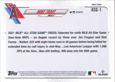 Baseball card featuring Mike Trout from 2021 Topps Update MLB All-Stars statistics